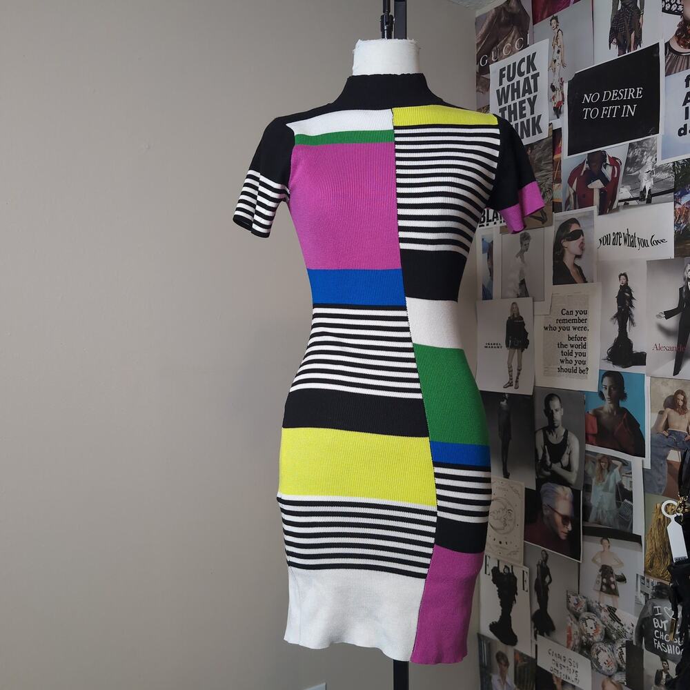 Colorblock Striped Ribbed Knit Mock Neck Mini Dress